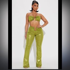 Fashion Nova Lime Green Flare Pants & Bandeau Set